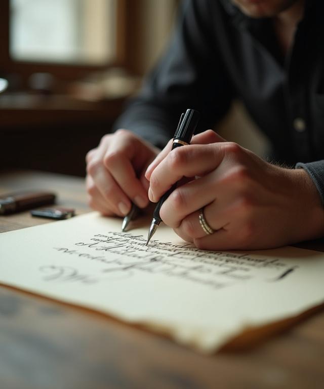 Mani di un artigiano che scrivono con pennino e inchiostro in uno studio romano