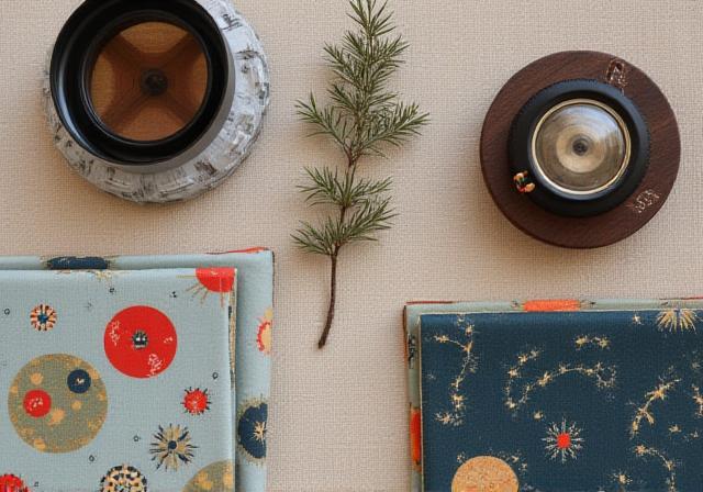 Accessories made from upcycled vintage kimono fabric arranged on a table