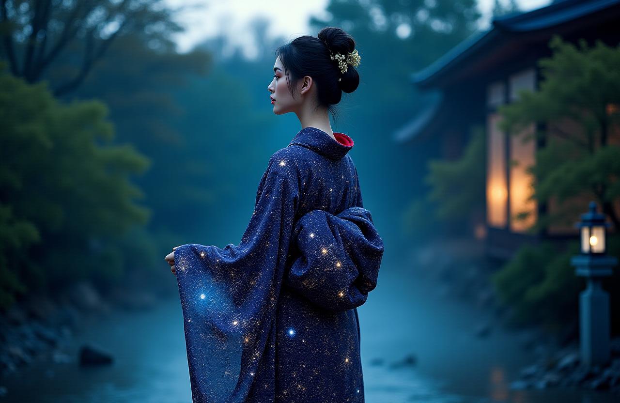 A woman wearing a dark blue kimono with milky way galaxy patterns standing in a Japanese garden at night