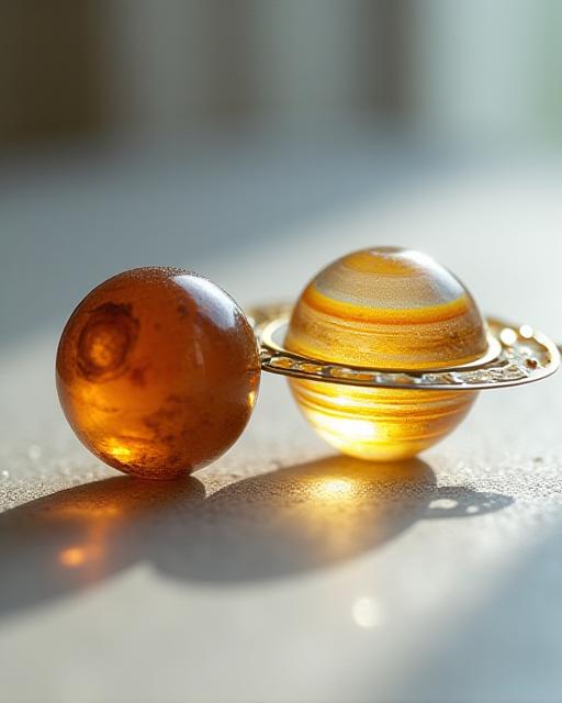 Small glass accessories shaped like Jupiter and Saturn used for kimono sash